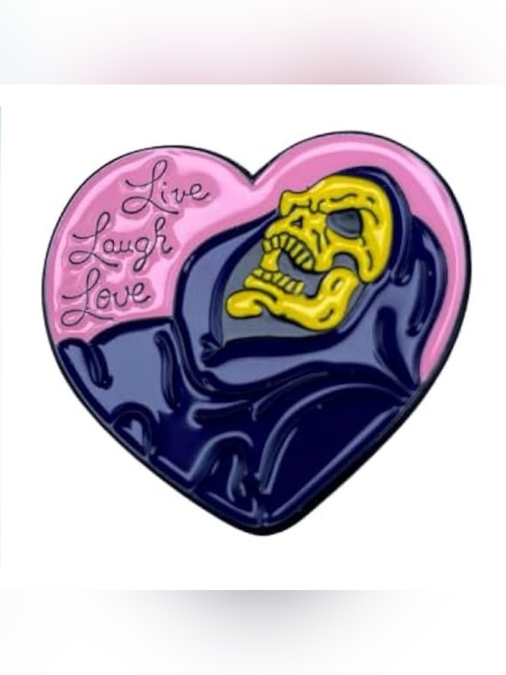 NEW “Live Laugh Love” Skeletor Enamel Pin Pink Heart Cartoon 80s Funny Cute